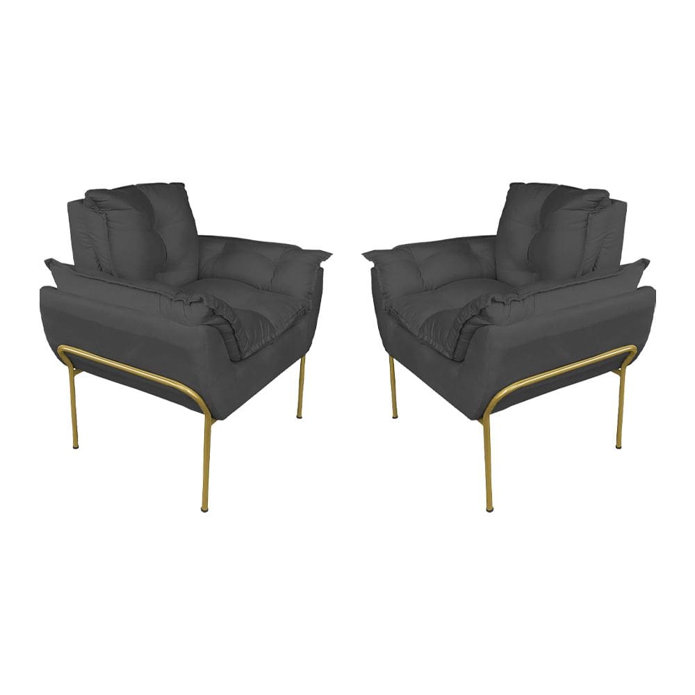 Kit Poltrona Recepção Suede Cinza Base Dourada - Vallisa Decor