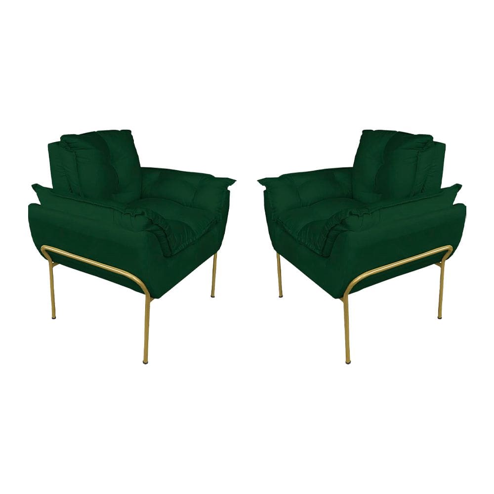 Kit Poltrona Decorativa Suede Verde Base Metálica Dourada - Vallisa Decor