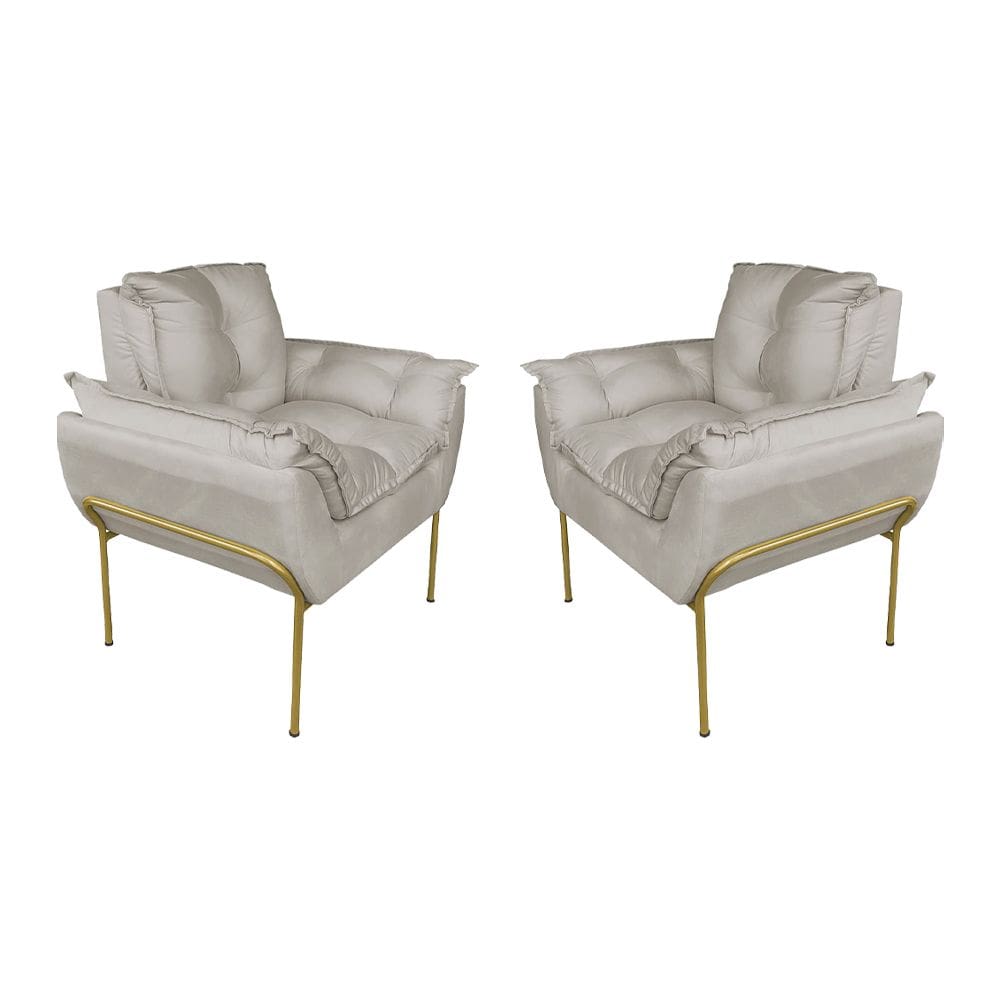 Kit Poltrona Decorativa Suede Bege Base Dourada - Vallisa Decor