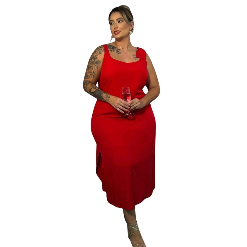Vestido Social Midi em Viscolinho Vermelho Laço Alça Arruaça Até o G7