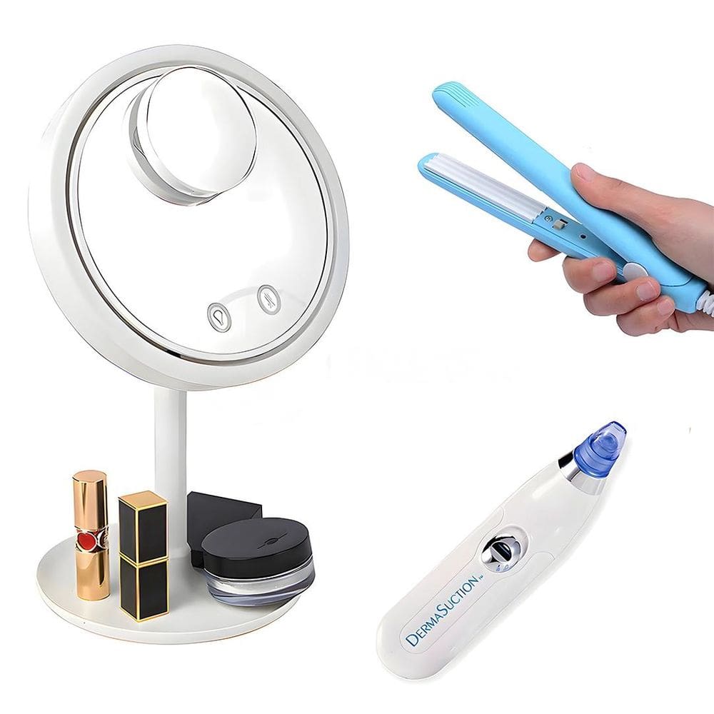Espelho Ring Light com Ventilador Interno e Mini Espelho 5x + DermaSuction + Mini Chapinha de Bolsa