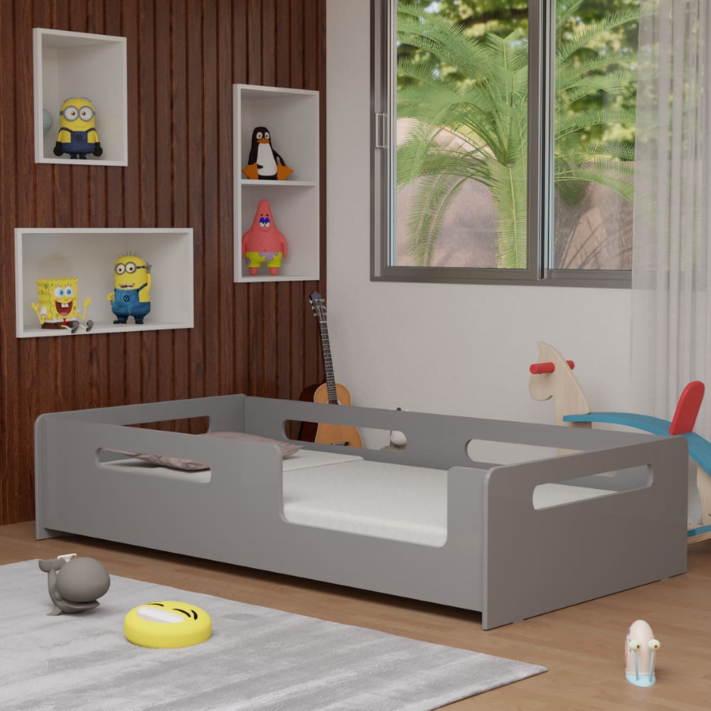 Cama Infantil Montessoriana Solteiro Para Crianças Mdf Proteção Lateral Cinza