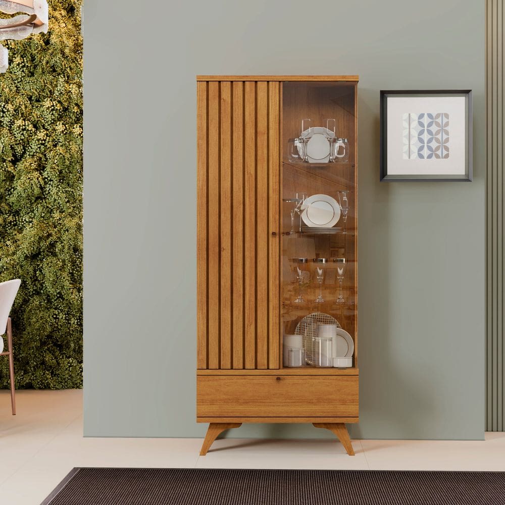 Cristaleira Versa Ripada Com Led Pés de Madeira Maciça Naturalle - Mavaular