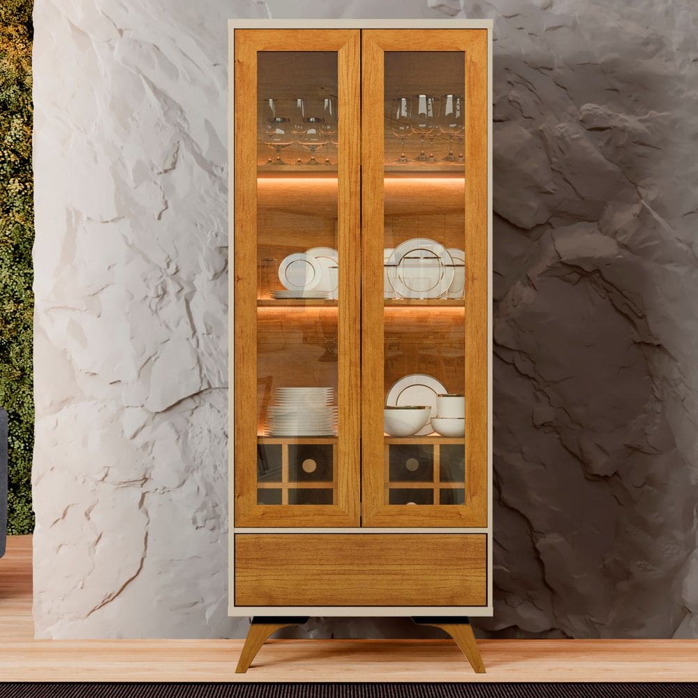 Cristaleira Adega Reflecta 2 Portas de Vidro com Led Off White/Naturalle - Mavaular