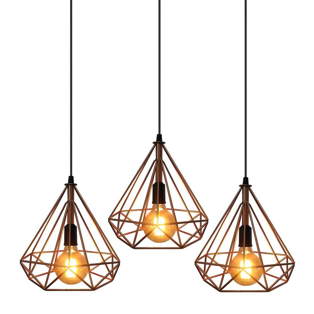 Trio Lustre Luminária Pendente Aramado Diamante Grande Cobre