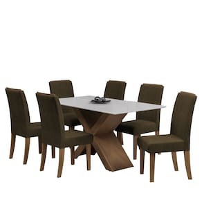 Conjunto de Mesa Sala de Jantar Tampo Com Vidro Grécia 6 Cadeiras Off White / Castor / Cedro 1,60m D