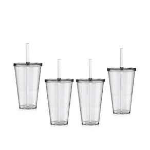 Kit 4 Copos Big Drink Tampa E Canudo Acrílico Transparente