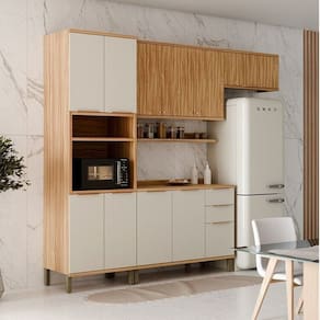 Cozinha Modulada Compacta 270cm 4 Peças 10 Portas com Tampo 100% MDF Noruega Espresso Móveis Amêndoa/Off White
