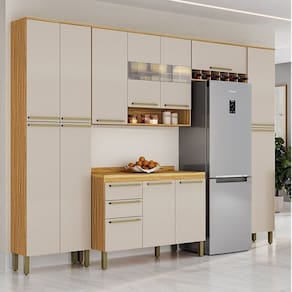 Cozinha Completa Modulada 300cm 5 Peças com Tampo 100% MDF Itália Espresso Móveis Amêndoa/Off White