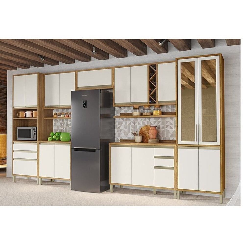 Cozinha Modulada Completa 420cm 7 Peças 17 Portas com Tampo 100% MDF Barbados Espresso Móveis Amêndoa/Off White