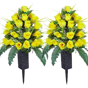 2 conjuntos de flores artificiais de cemitério LVXINLI com vaso amarelo