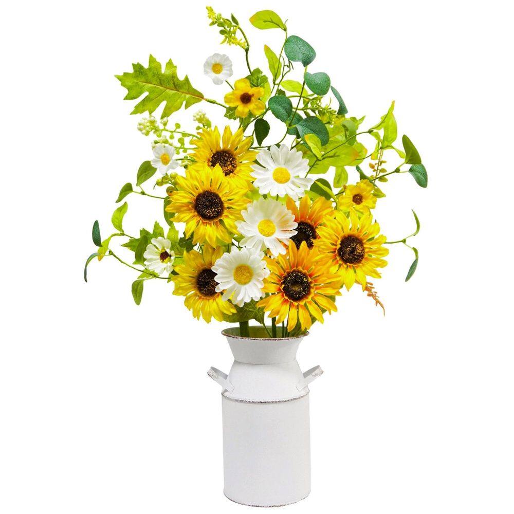 Flores artificiais obbsie 23,5 cm de girassol de seda com vaso de metal