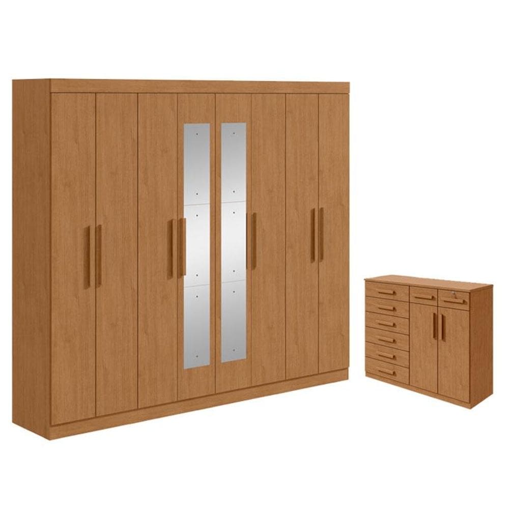 Guarda Roupa Casal Andara Soft com Espelho e Cômoda Sapateira Toronto Amêndoa Clean - Lopas