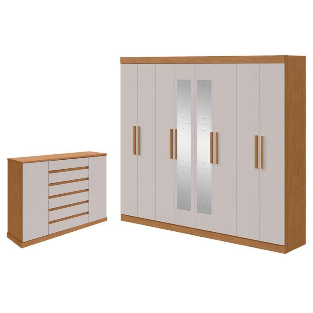Guarda Roupa Casal Andara Soft com Espelho e Cômoda Sapateira Vedra Amêndoa Clean Off White - Lopas