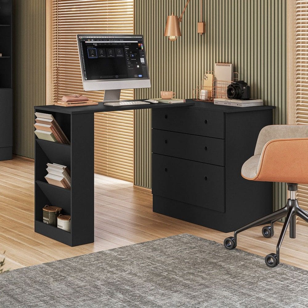 Cômoda 3 Gavetas com Mesa Giratória Preto - Qmovi