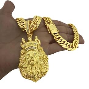 Cordão Grumet 13Mm + Pingente King Leão G - Banhado A Ouro