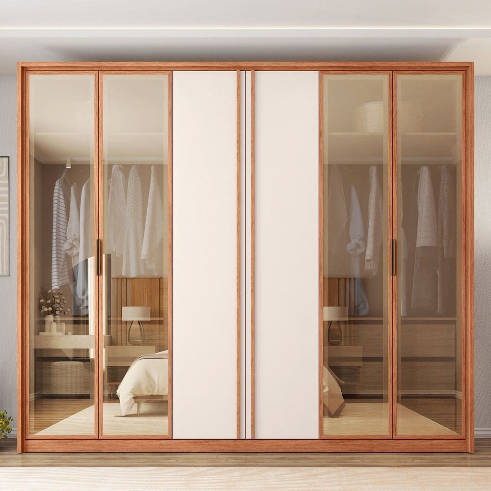 Guarda-roupa Casal Suburban 6 Portas 4 Gavetas com Vidro Reflecta Espresso Móveis Freijó/Off White