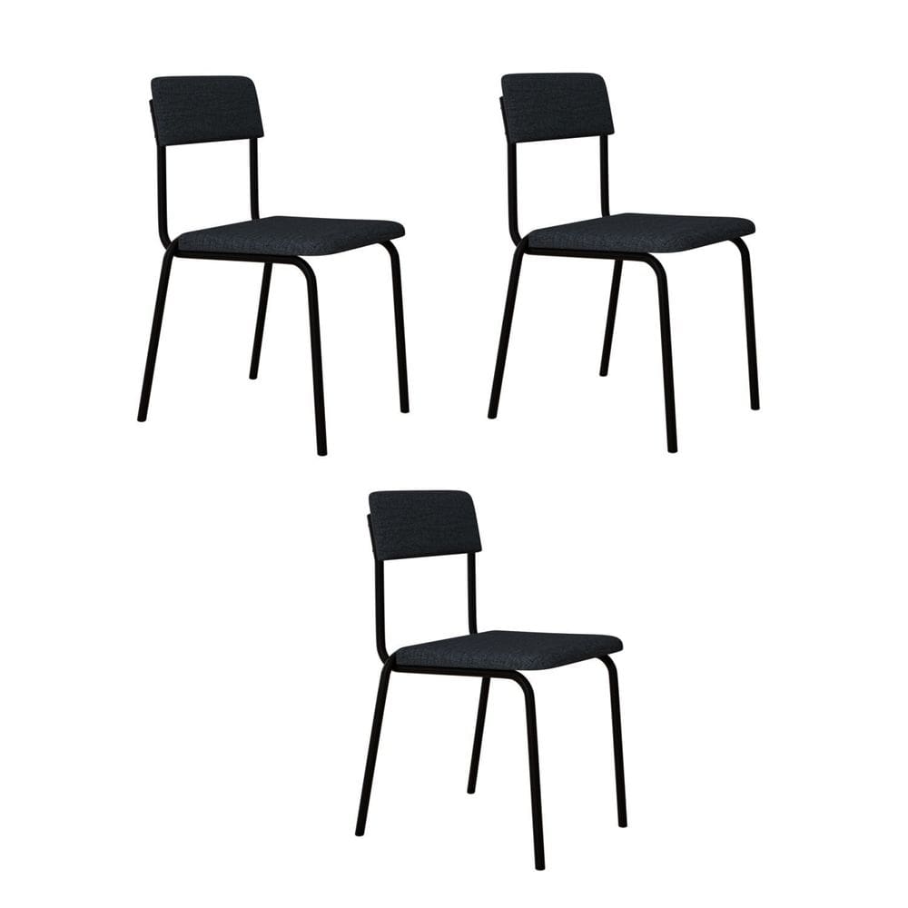 Conjunto 3 Cadeiras Estofadas Fixa Empilhável Fit Cinza Corriente / Preto Fosco MT