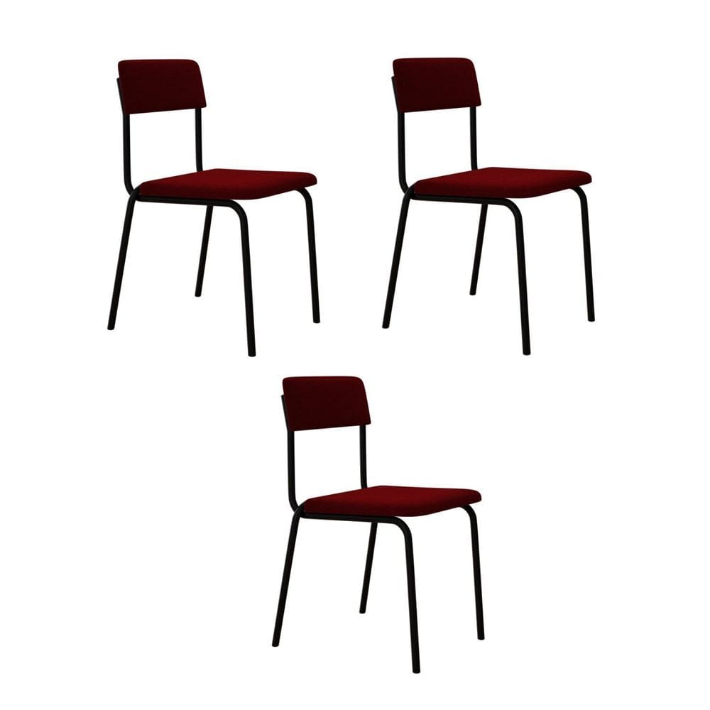 Conjunto 3 Cadeiras Estofadas Fixa Empilhável Fit Vermelho Vinho City / Preto Fosco