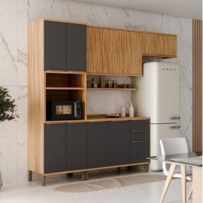 Cozinha Modulada Compacta 270cm 4 Peças 10 Portas com Tampo 100% MDF Noruega Espresso Móveis Amêndoa/Cinza