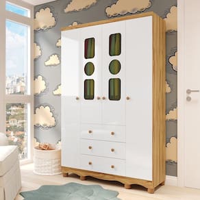 Guarda-Roupa Infantil 122,1cm 4 Portas 3 Gavetas com Janelas e Pés Ezra 100% MDF Espresso Móveis Branco/Amêndoa