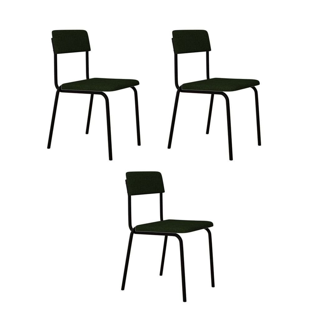 Conjunto 3 Cadeiras Estofadas Fixa Empilhável Fit Verde Musgo City / Preto Fosco