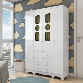 Guarda-Roupa Infantil 122,1cm 4 Portas 3 Gavetas com Janelas e Pés Ezra 100% MDF Espresso Móveis Branco