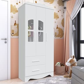 Guarda-Roupa Infantil 92,9cm 3 Portas e 2 Gavetas com Janelas Alice 100% MDF Espresso Móveis Branco Brilho