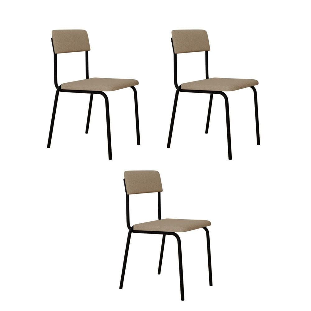 Conjunto 3 Cadeiras Estofadas Fixa Empilhável Fit Areia Corriente / Preto Fosco MT