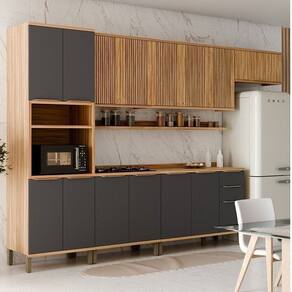 Cozinha Modulada Completa 350cm 6 Peças 14 Portas com Tampo 100% MDF Noruega Fresada Espresso Móveis Amêndoa/Cinza