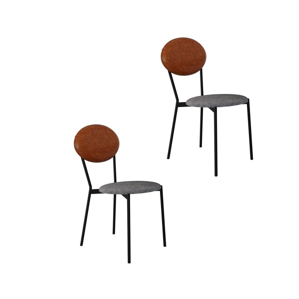 Cadeira Fixa Estofada Vintage Elipse com 2 Unidades Névoa Prata City/Courino Caramelo/Preto Fosco Mt E
