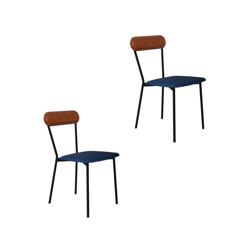 Cadeira Fixa Estofada Vintage Emília com 2 Unidades Azul/Caramelo/Preto Fosco