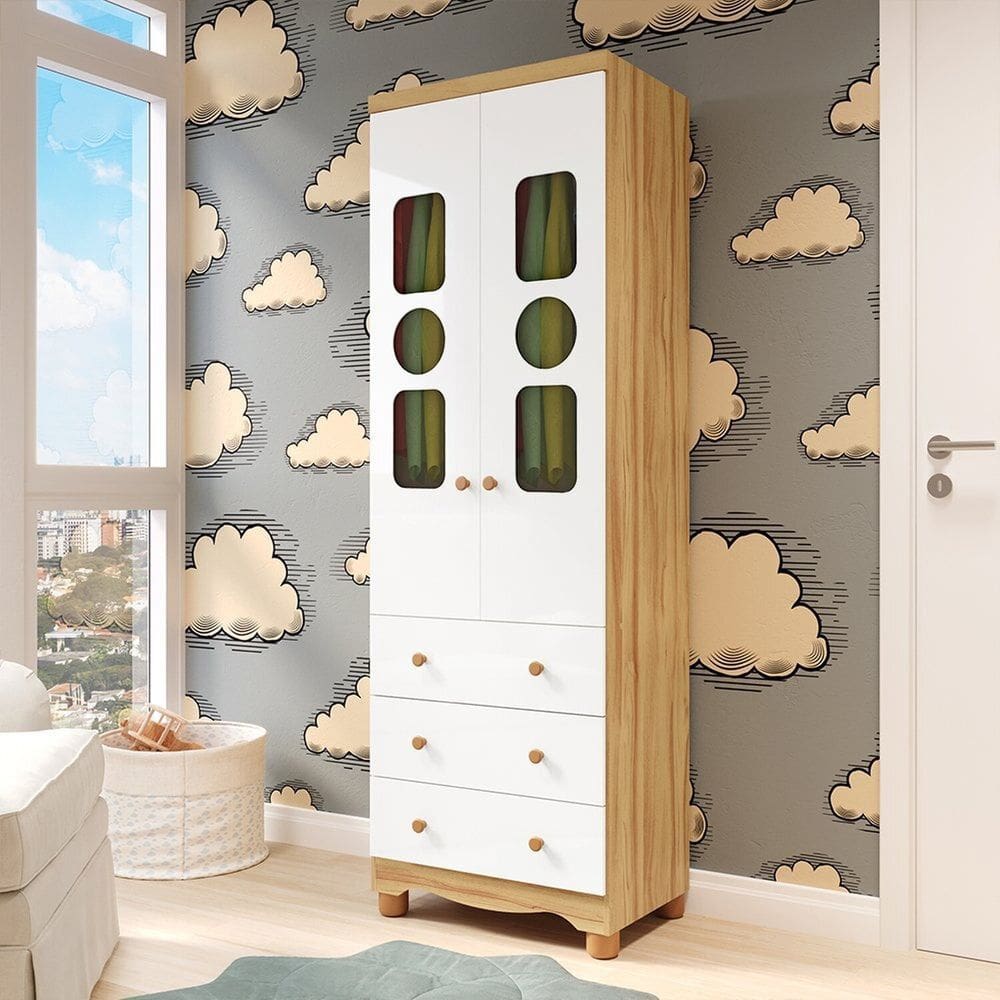 Guarda-Roupa Infantil 61,7cm 2 Portas 3 Gavetas com Janelas e Pés Ezra 100% MDF Espresso Móveis Branco/Amêndoa