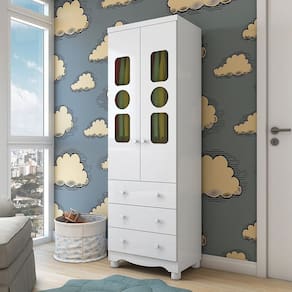 Guarda-Roupa Infantil 61,7cm 2 Portas 3 Gavetas com Janelas e Pés Ezra 100% MDF Espresso Móveis Branco