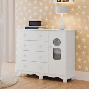 Cômoda Infantil 95,3cm 1 Porta com Janela e 4 Gavetas Ezra 100% MDF Espresso Móveis Branco