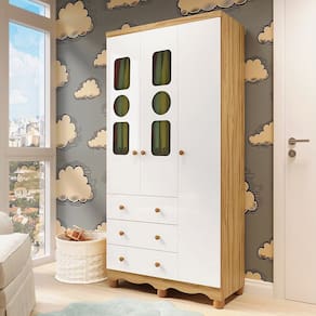 Guarda-Roupa Infantil 91,9cm 3 Portas 3 Gavetas com Janelas e Pés Ezra 100% MDF Espresso Móveis Branco/Amêndoa