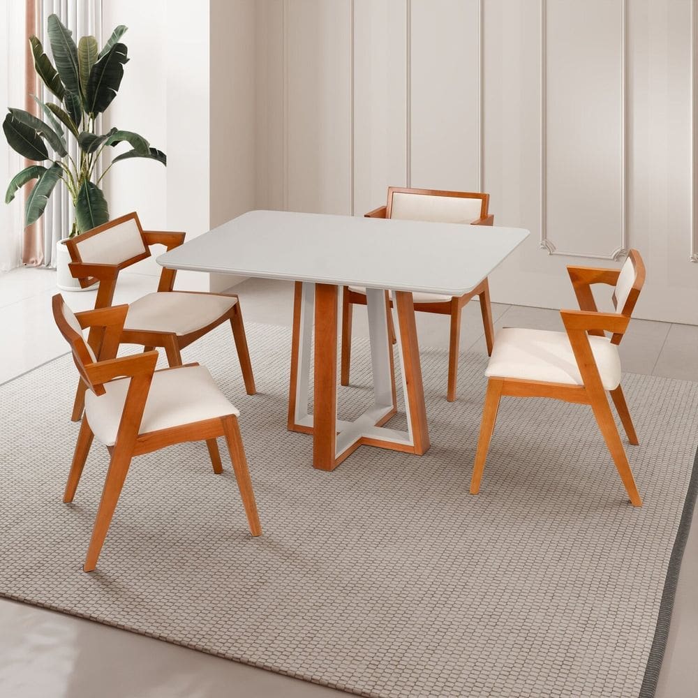Conjunto Mesa Viena com 4 Cadeiras de Madeira Maciça e Estofada Ímola Authentic Espresso Móveis Champagnhe/Off White