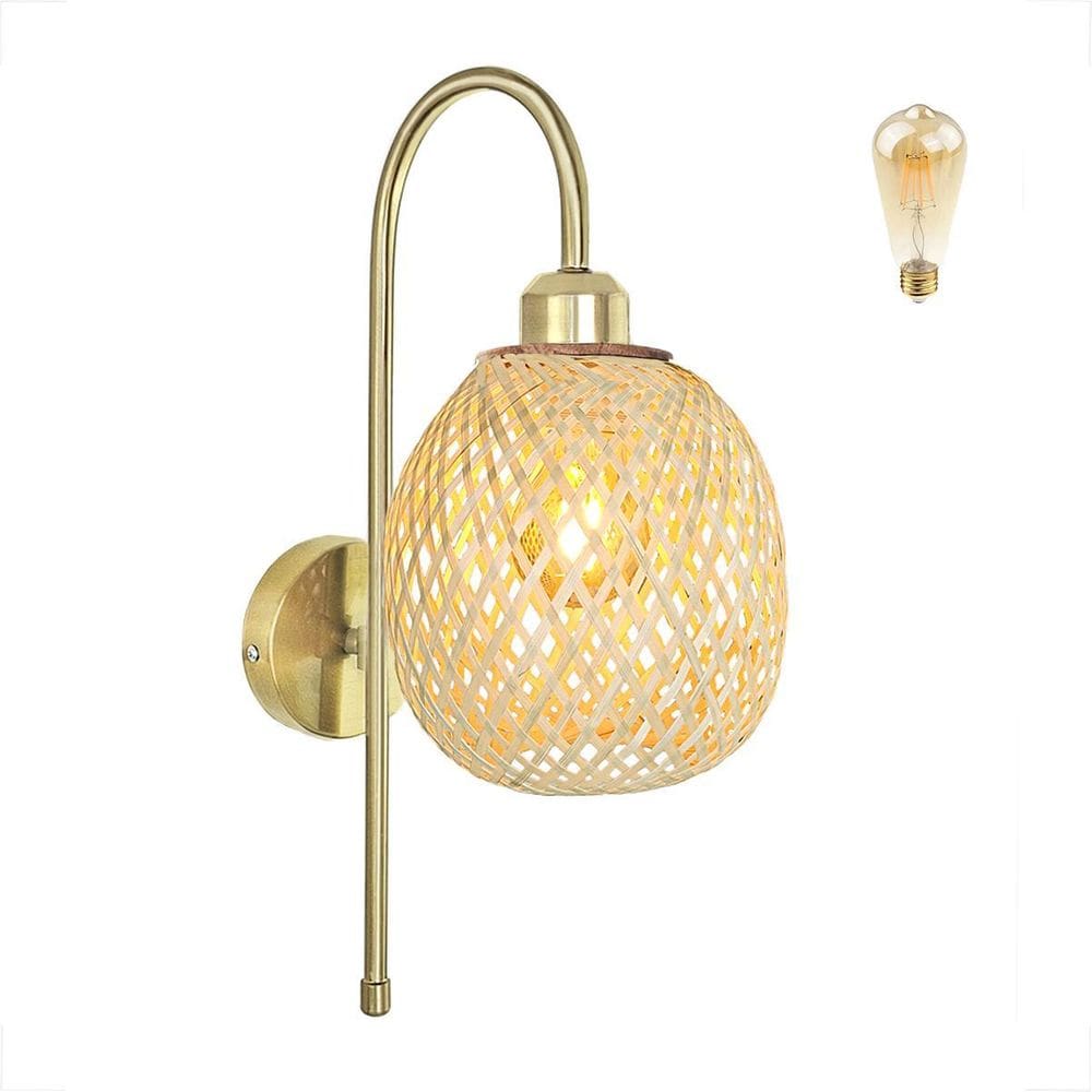 Arandela Interna Dourada Bambu Fibra Natural Nat92 + Led