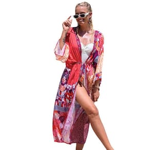 Saída de Praia Longa Estampada Túnica Kimono Elegant Piscina