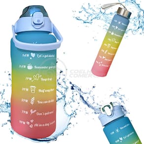 Kit Garrafa de Água Azul Motivacional 3 em 1 Squeeze 2L Tie Dye com Adesivos 2D e 3D Inclusos