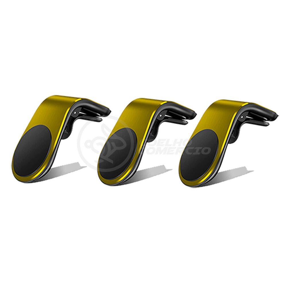 Kit 3 Suporte Adaptador Magnético Veicular Universal Clip Car Holder De Carro Tipo L - Dourado
