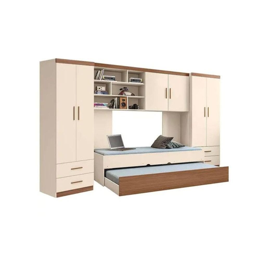 Quarto juvenil Chiara 5 Peças - 2 Roupeiro 2 portas, Módulo Aéreo e Cama com Auxiliar - Off White Amadeirado - Phoenix B
