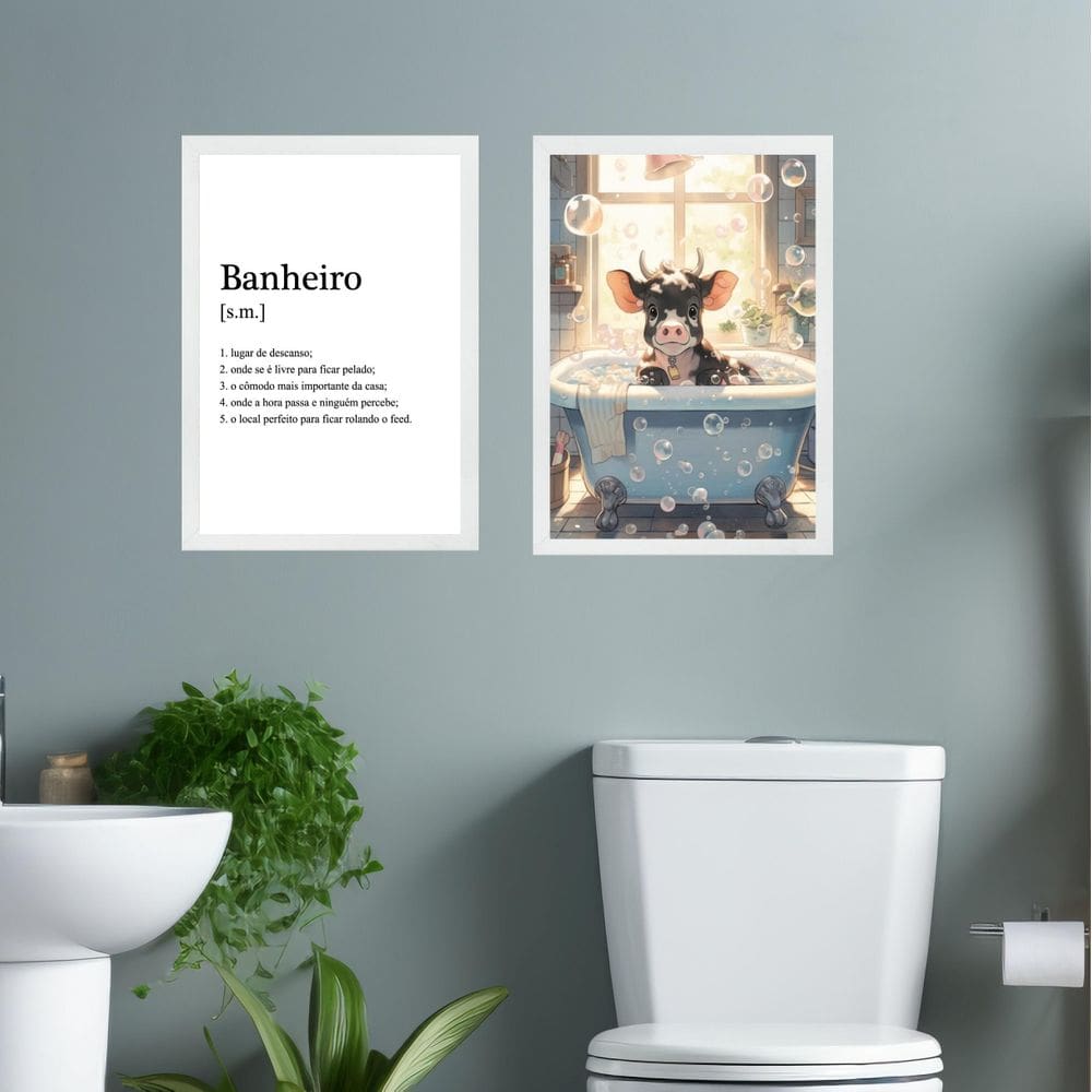 Kit 2 Quadros Decorar Banheiro - Boizinho 33X24Cm