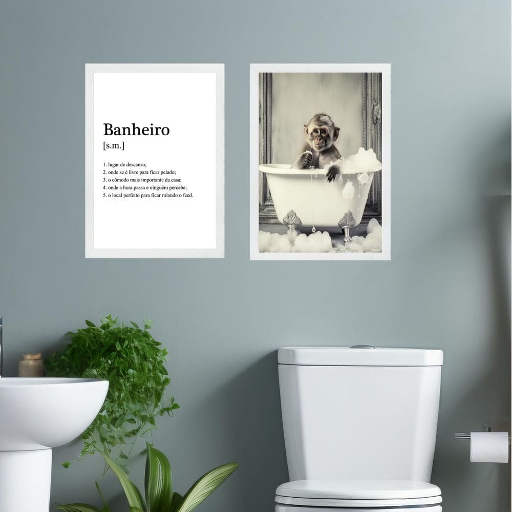 Kit 2 Quadros Decorar Banheiro - Macaquinho 33X24Cm