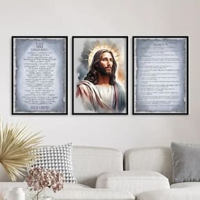 Kit 3 Quadros Jesus Cinza E Dourado - Salmos 91 33X24Cm