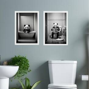 Kit 2 Quadros Decorar Banheiro - Urso Panda 45X34Cm