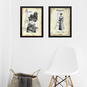 Kit 2 Quadros Vintage Moda - Dama Paris 24X18Cm - Com Vidro