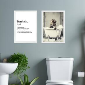 Kit 2 Quadros Decorar Banheiro - Macaquinho 33X24Cm - Vidro