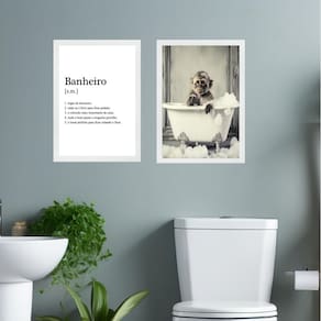 Kit 2 Quadros Decorar Banheiro - Macaquinho 33X24Cm - Vidro