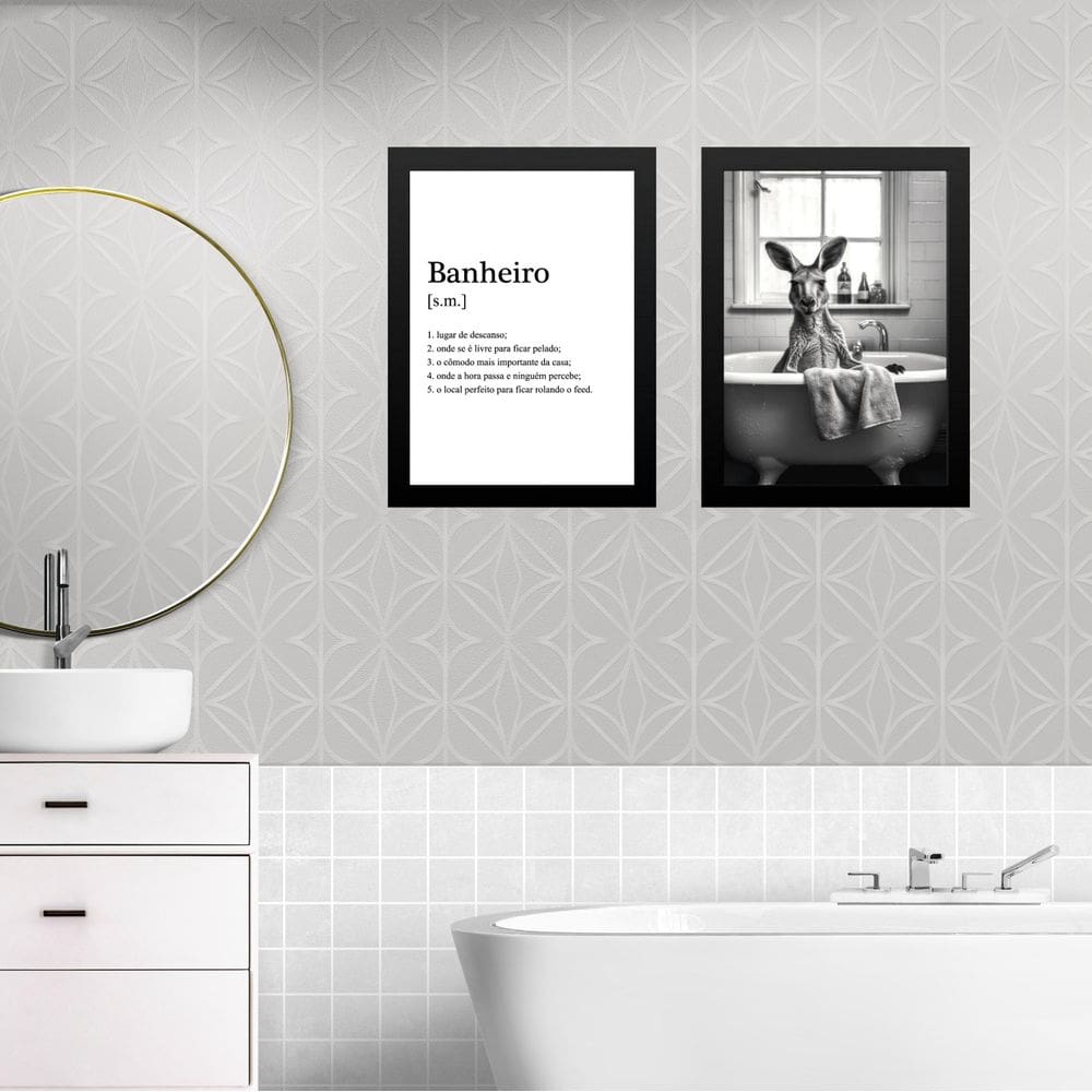 Kit 2 Quadros Decorar Banheiro - Canguru 45X34Cm - Com Vidro
